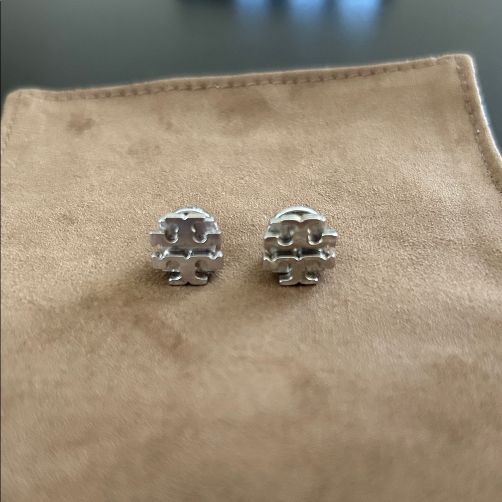 Tory Burch Polished Silver Logo Stud Earrings